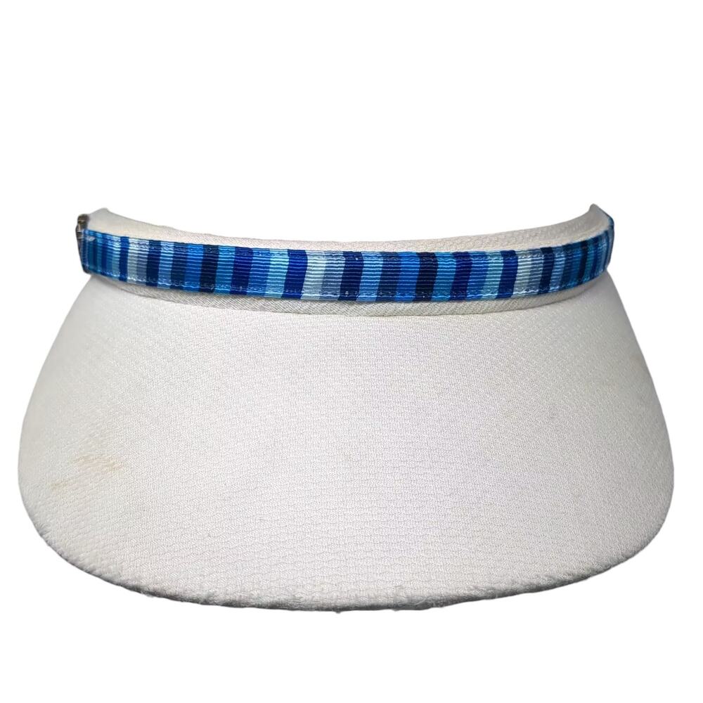 August Visor Hat White Blue Striped Ribbon Rhinestone Buckle Cotton One Size
